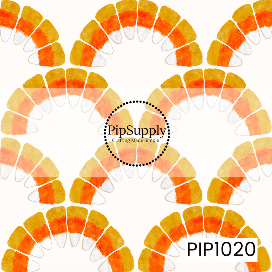 A sweet Halloween pattern featuring watercolor candy corn arranged in repeating scalloped arches on a soft cream background. The classic candy corn colors create a cheerful coordinating print that's perfect for Halloween and fall-inspired designs.
