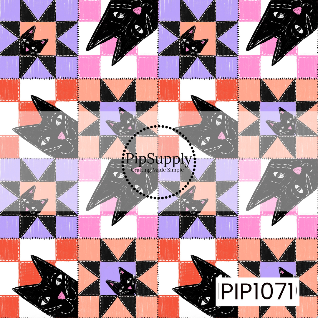 A charming Halloween pattern featuring playful black cats paired with colorful patchwork quilt blocks in shades of orange, purple, pink, white, and black. The hand-drawn artwork, stitched details, and cozy quilt-inspired design create a whimsical vintage feel that's perfect for the Halloween season.
