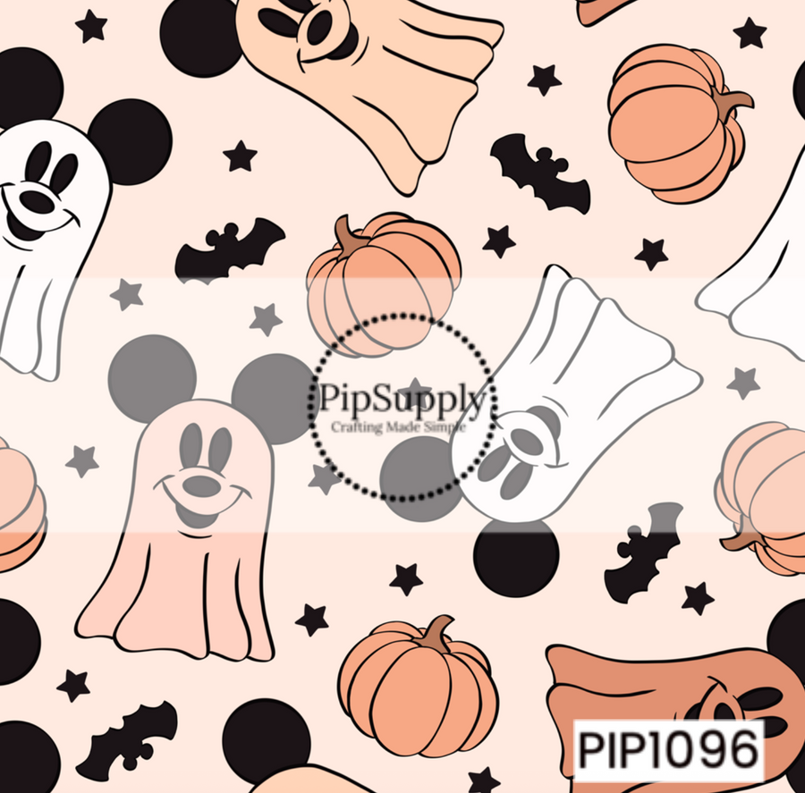 A playful Halloween seamless pattern featuring adorable mouse-inspired ghosts, smiling pumpkins, fluttering bats, and scattered stars on a soft peach background. The simple color palette and cute spooky elements create a fun, festive design perfect for the Halloween season.
