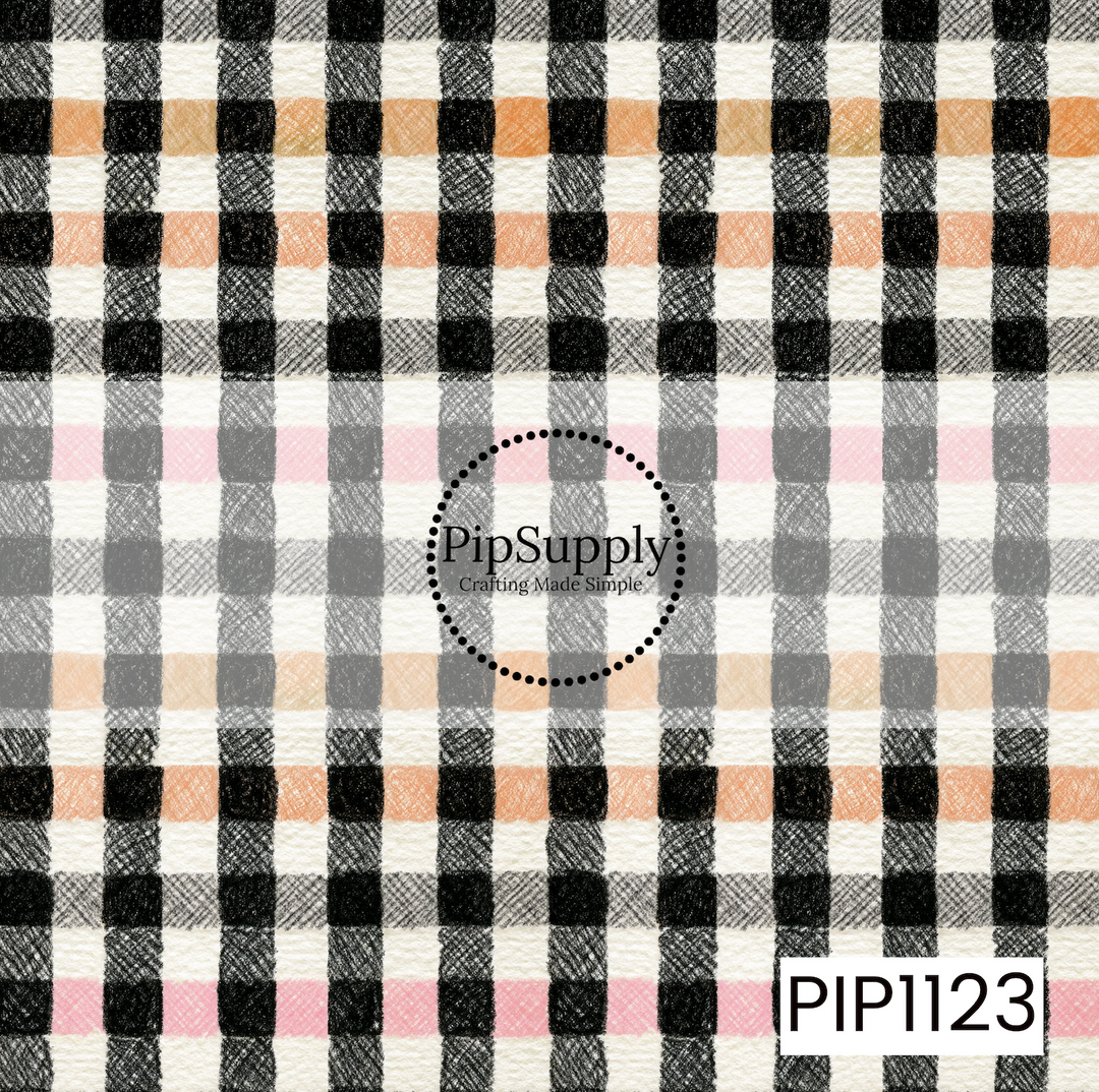 A classic seamless gingham pattern featuring textured black, charcoal, cream, blush pink, and soft peach stripes. The hand-drawn crosshatch effect gives this timeless plaid a cozy, rustic feel, making it a perfect coquette-inspired Halloween coordinate.
