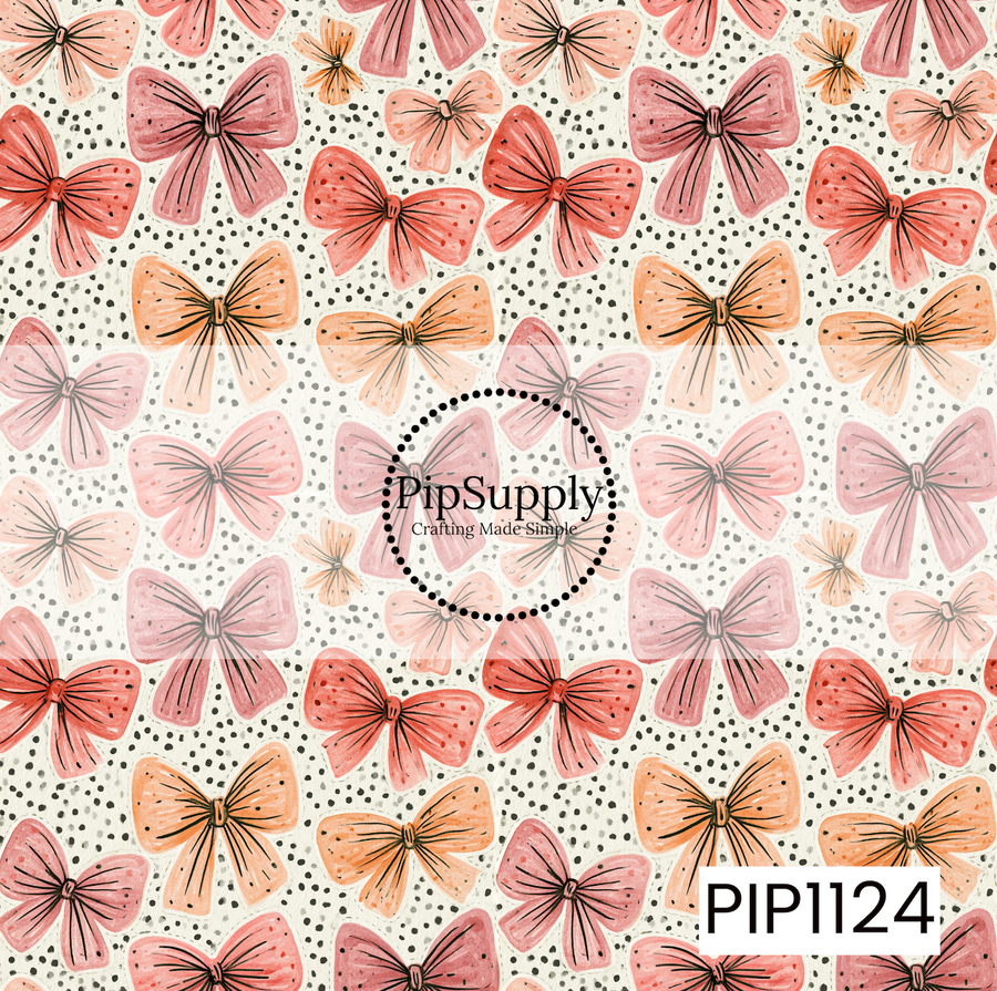 A sweet seamless pattern featuring hand-painted bows in shades of blush, coral, peach, and mauve scattered across a soft cream background with tiny black polka dots. The delicate watercolor style and warm coquette color palette create a charming, playful design with a subtle Halloween feel.

