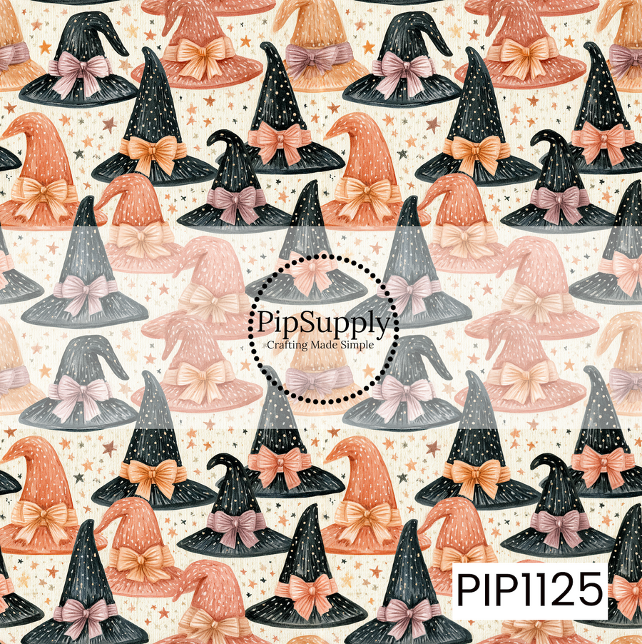 A whimsical seamless pattern featuring hand-painted witch hats in shades of black, peach, blush, and terracotta, each adorned with oversized coquette bows. Set against a warm cream background sprinkled with tiny stars, this charming design blends cozy Halloween magic with a sweet, feminine aesthetic.
