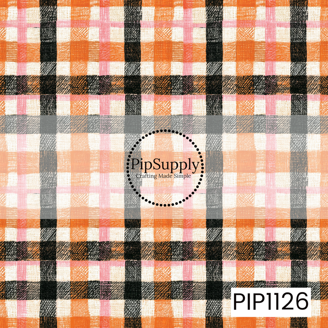 A cozy seamless plaid pattern featuring textured black, charcoal, cream, bright orange, and blush pink stripes. The hand-drawn crosshatch effect gives this classic check a warm, rustic feel, making it a perfect coquette-inspired coordinate for fall and Halloween collections.
