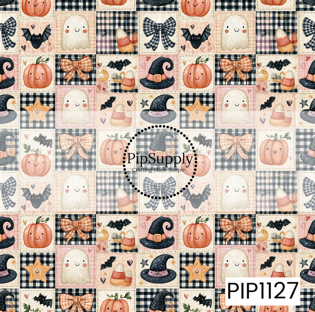A charming patchwork seamless design featuring smiling pumpkins, friendly ghosts, candy corn, bats, witch hats, stars, plaid blocks, and gingham bows in soft blush, orange, black, and cream tones. The cozy quilt-inspired layout and whimsical watercolor style create the perfect coquette Halloween aesthetic.
