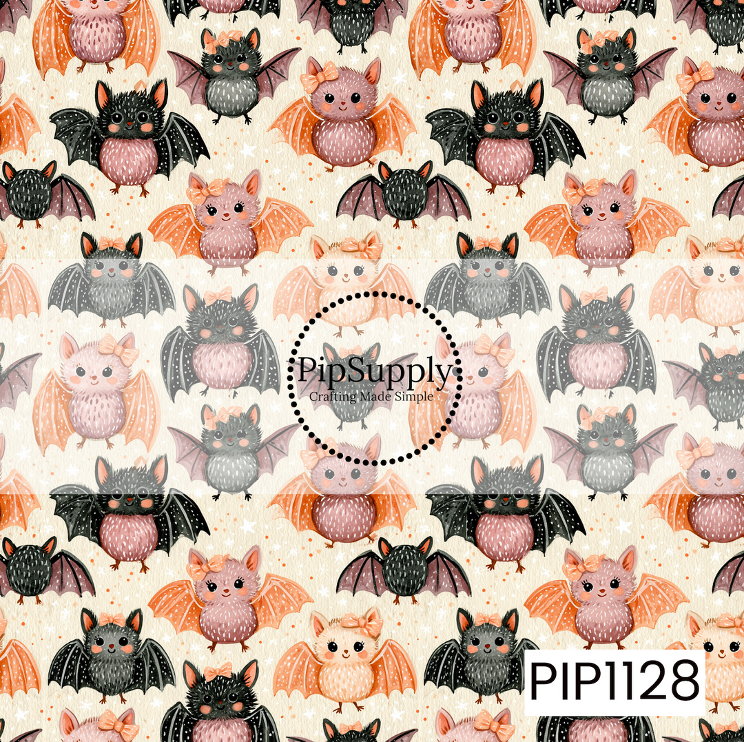 A playful seamless pattern featuring adorable watercolor bats in shades of blush pink, peach, cream, and charcoal, with sweet bows and tiny smiling faces. Set against a soft cream background with scattered stars and confetti, this whimsical design brings a cute coquette twist to Halloween.
