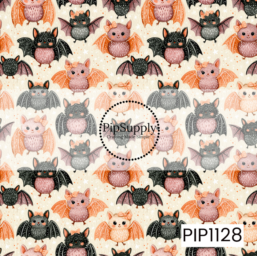 A playful seamless pattern featuring adorable watercolor bats in shades of blush pink, peach, cream, and charcoal, with sweet bows and tiny smiling faces. Set against a soft cream background with scattered stars and confetti, this whimsical design brings a cute coquette twist to Halloween.
