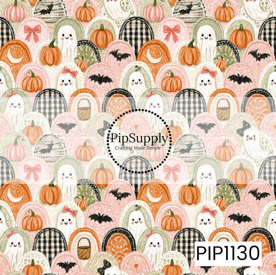 A sweet seamless pattern featuring smiling ghosts, pumpkins, bats, bows, candy buckets, crescent moons, and gingham accents in soft shades of blush pink, sage green, cream, orange, and black. Set against a warm cream background, this whimsical coquette-inspired Halloween design combines cozy patchwork elements with playful seasonal charm.
