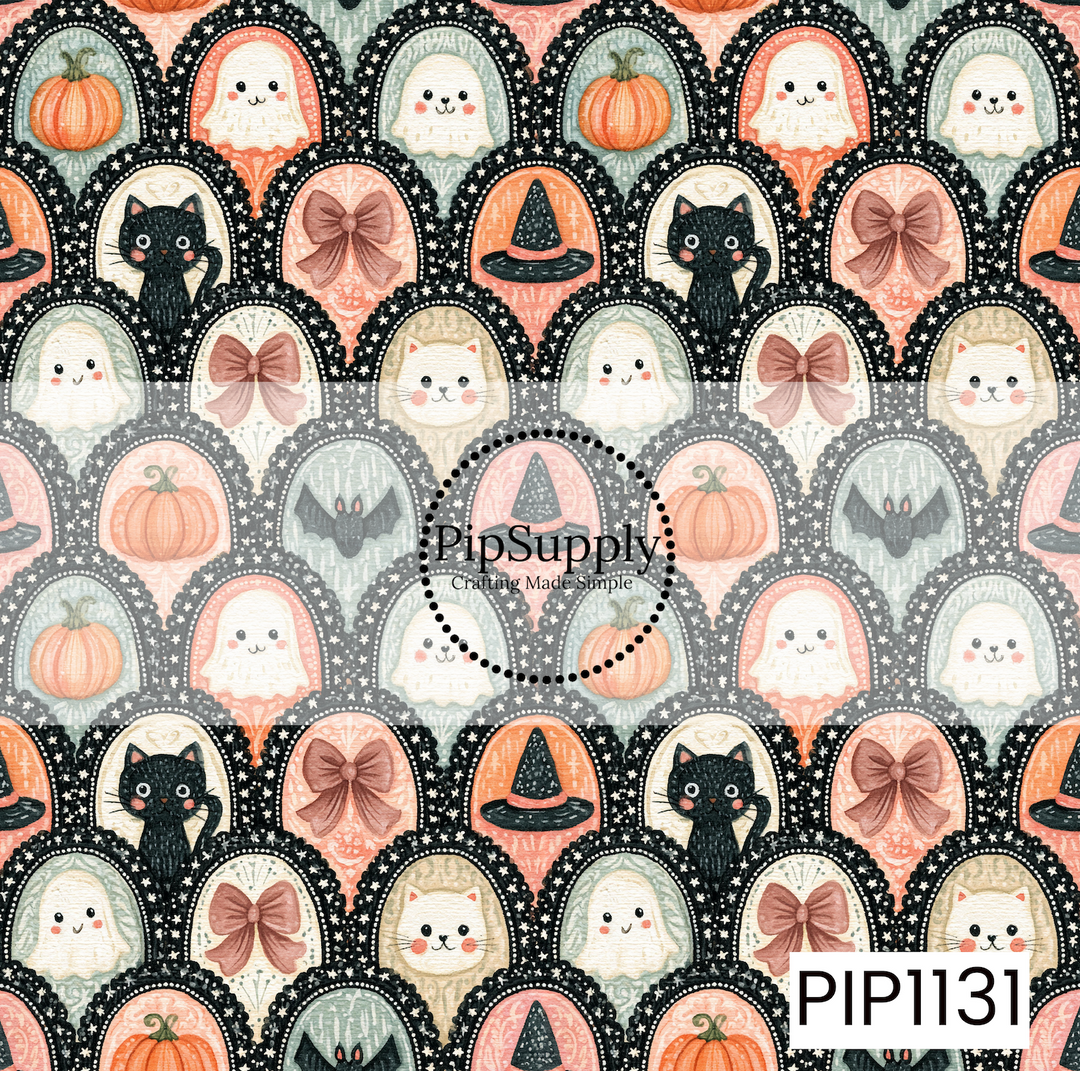 A charming seamless pattern featuring ornate vintage-style frames filled with adorable Halloween icons including smiling ghosts, black cats, pumpkins, witch hats, bats, bows, and sweet kitten portraits. Soft shades of blush pink, sage green, cream, orange, and black create a cozy coquette-inspired design with a whimsical, antique Halloween feel.
