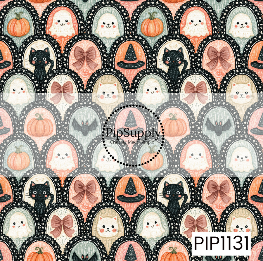 A charming seamless pattern featuring ornate vintage-style frames filled with adorable Halloween icons including smiling ghosts, black cats, pumpkins, witch hats, bats, bows, and sweet kitten portraits. Soft shades of blush pink, sage green, cream, orange, and black create a cozy coquette-inspired design with a whimsical, antique Halloween feel.
