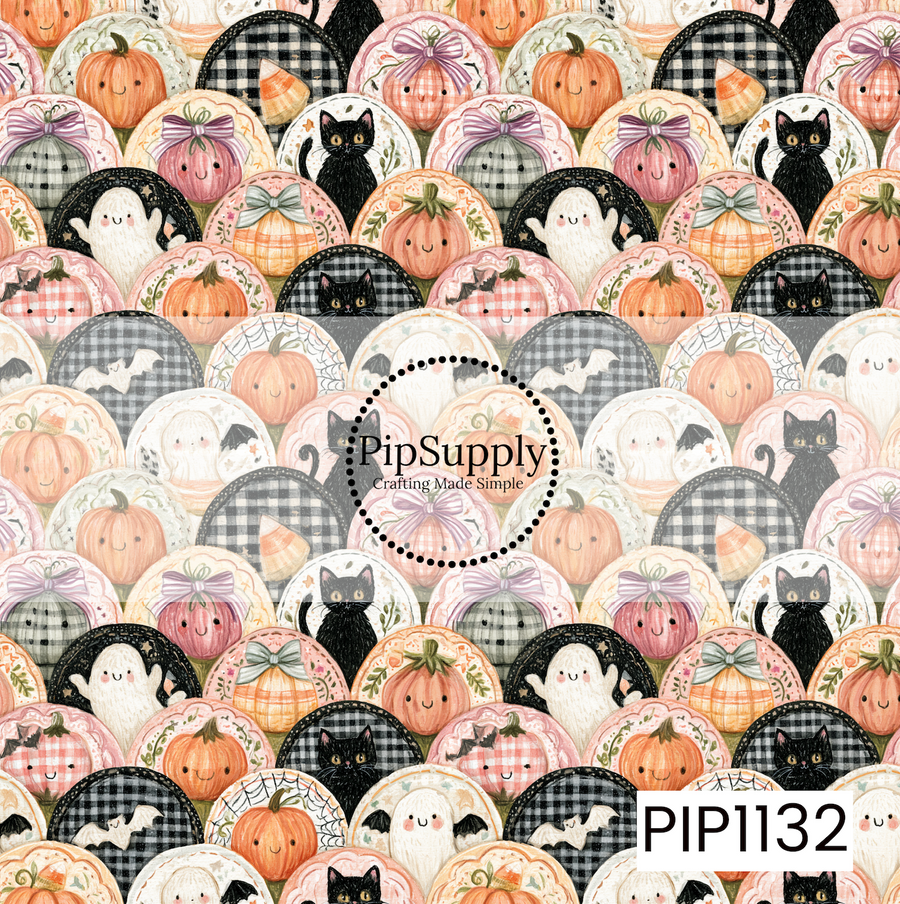 A delightful seamless pattern featuring layered scalloped circles filled with smiling pumpkins, friendly ghosts, black cats, bats, candy corn, plaid accents, bows, and delicate florals. Designed in soft blush pink, sage green, cream, orange, and black on a warm neutral background, this whimsical coquette-inspired Halloween print has a cozy patchwork feel with sweet vintage charm.
