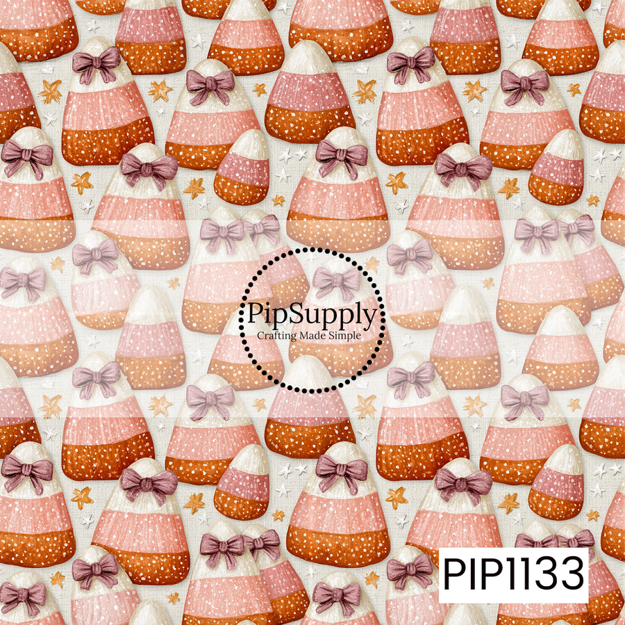 A sweet seamless pattern featuring pink and blush candy corn accented with mauve bows on a soft cream background. Tiny stars and delicate speckles add a whimsical touch, creating a playful coquette Halloween design with soft, feminine charm.
