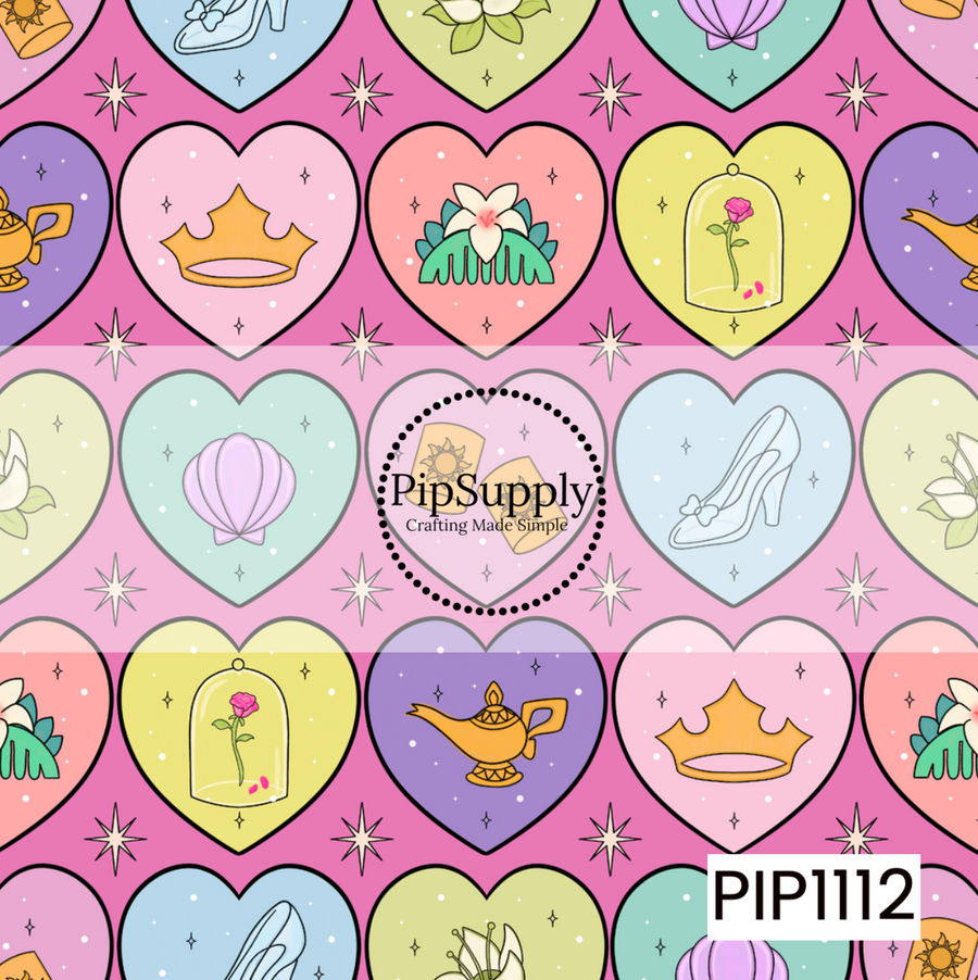 A charming collection of fairytale-inspired icons tucked inside colorful hearts on a vibrant pink background. Featuring crowns, enchanted roses, glass slippers, seashells, lanterns, teapots, and floral accents, this whimsical design is sprinkled with tiny stars for a magical, storybook feel.
