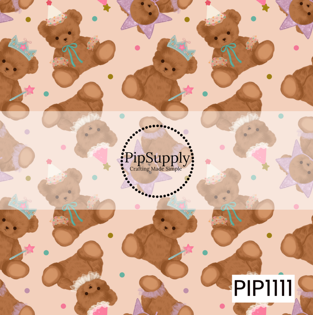 Sweet teddy bears dressed in playful party accessories are scattered across a soft peach background with colorful confetti dots. Featuring crowns, party hats, tutus, magic wands, and sparkling stars, this whimsical design is full of charming details and a fun, storybook-inspired feel.
