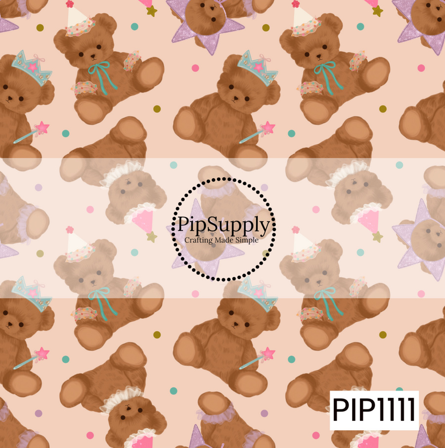 Sweet teddy bears dressed in playful party accessories are scattered across a soft peach background with colorful confetti dots. Featuring crowns, party hats, tutus, magic wands, and sparkling stars, this whimsical design is full of charming details and a fun, storybook-inspired feel.
