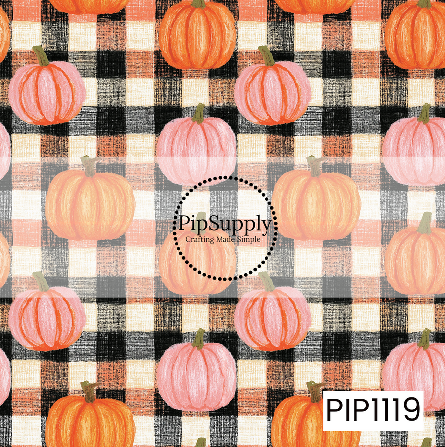 A charming seamless pattern featuring hand-painted pink and orange pumpkins scattered across a cozy black, cream, and peach plaid background. The warm fall color palette and textured artwork create a sweet coquette take on a classic autumn design.
