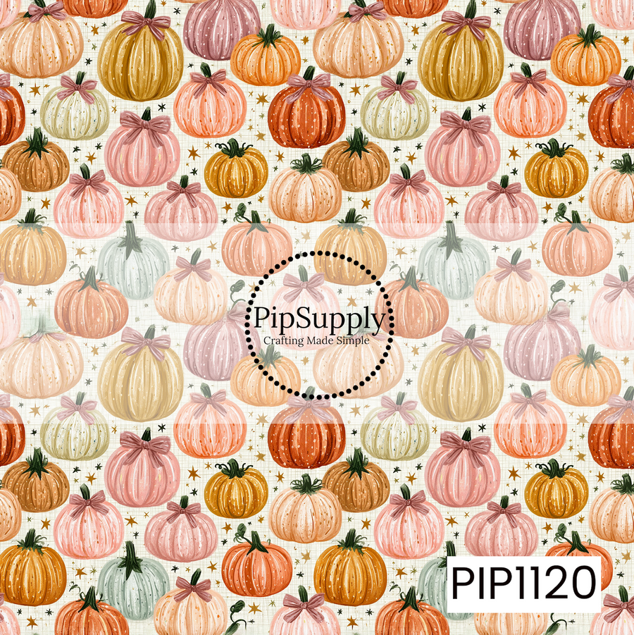 A whimsical seamless pattern featuring hand-painted pumpkins in soft shades of blush, peach, cream, sage, mauve, mustard, and burnt orange, many adorned with delicate bows. Scattered gold stars on a warm cream background add a magical autumn touch, creating a cozy coquette-inspired fall design.
