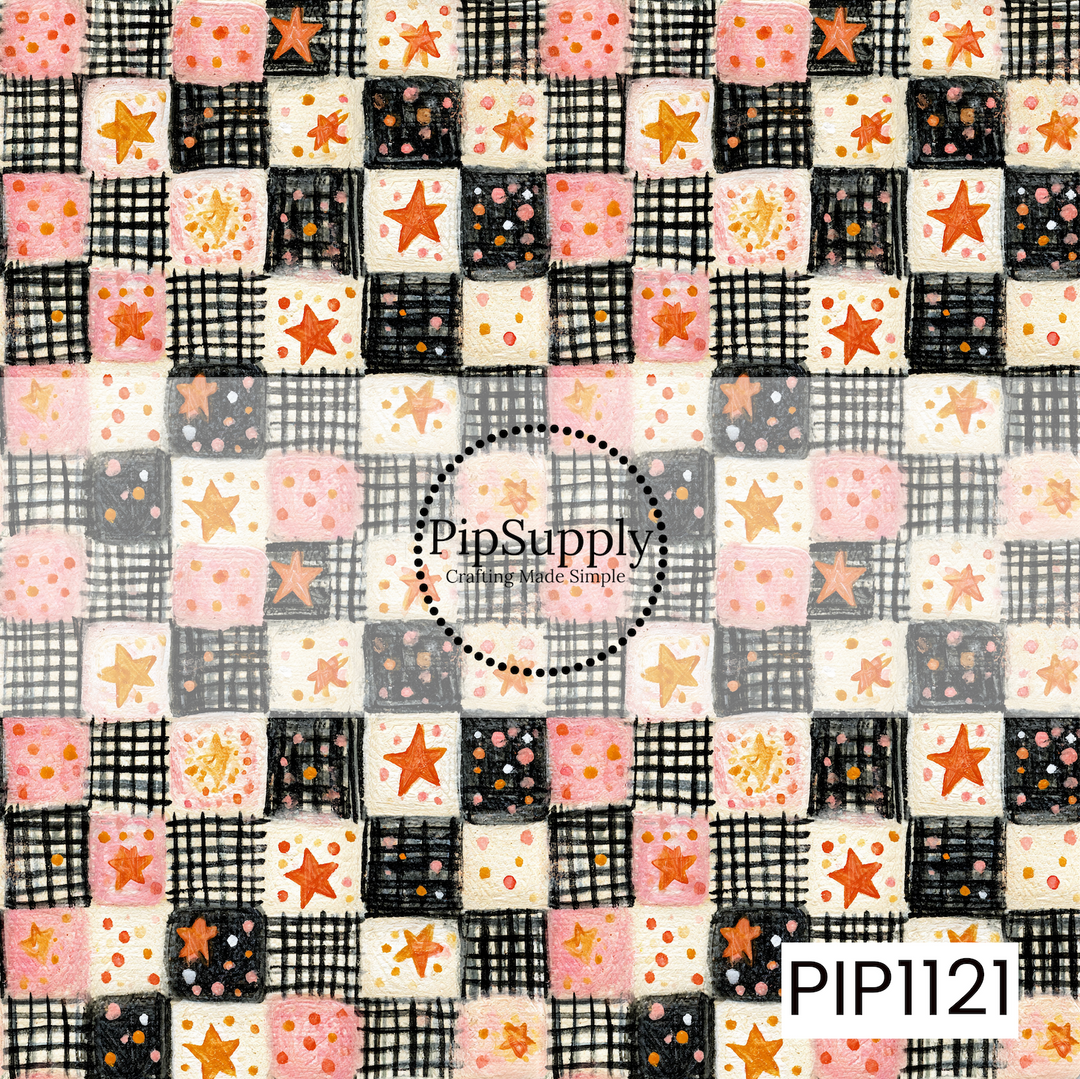 A playful seamless patchwork pattern featuring hand-painted squares filled with orange stars, pink and black polka dots, and black grid designs. The soft watercolor texture and coquette-inspired palette of blush pink, orange, cream, and black create a fun and whimsical Halloween coordinate.
