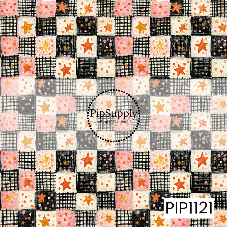 A playful seamless patchwork pattern featuring hand-painted squares filled with orange stars, pink and black polka dots, and black grid designs. The soft watercolor texture and coquette-inspired palette of blush pink, orange, cream, and black create a fun and whimsical Halloween coordinate.
