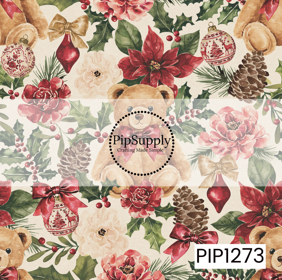 A beautifully detailed watercolor Christmas pattern featuring sweet teddy bears with rich red bows surrounded by lush holiday florals. Deep red poinsettias, blush and cream flowers, holly leaves, red berries, pinecones, evergreen sprigs, and vintage-inspired ornaments fill the warm cream background. Gold and red bows add the finishing touch to this cozy, classic holiday design.
