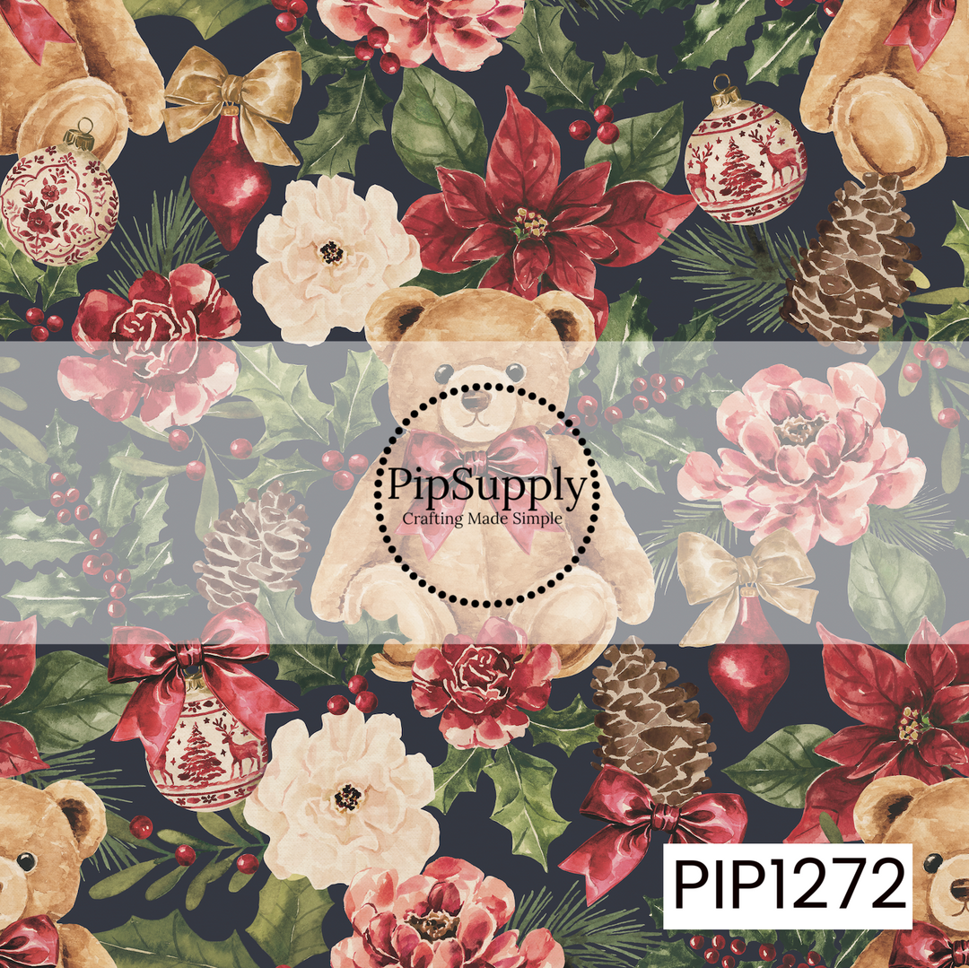 A rich watercolor Christmas pattern featuring sweet teddy bears with burgundy bows surrounded by lush holiday florals. Deep red poinsettias, soft cream and blush flowers, holly, red berries, pine branches, pinecones, and vintage ornaments fill the dark navy background. Warm gold bows and traditional Christmas details give the design an elegant, nostalgic holiday feel.
