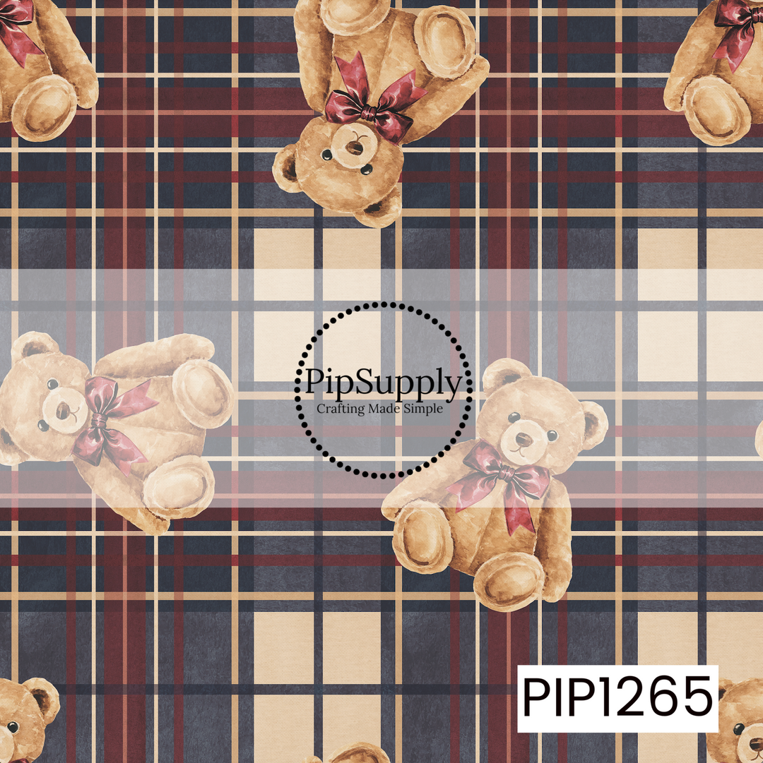 A cozy watercolor teddy bear pattern featuring warm golden brown bears with rich burgundy bows scattered across a classic tartan plaid. The background combines deep navy, burgundy, warm cream, and soft gray with layered intersecting lines. The softly painted bears and subtle textured finish give the design a charming vintage Christmas feel.
