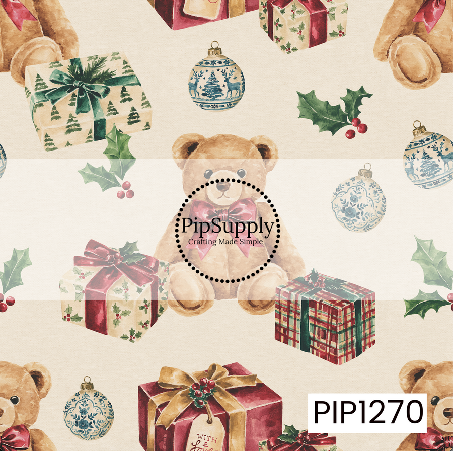 A vintage-inspired watercolor Christmas pattern filled with cozy holiday details. Sweet teddy bears dressed with rich red bows are surrounded by beautifully wrapped presents, delicate blue and white ornaments, and scattered holly leaves with bright red berries. Plaid gift wrap, oversized ribbons, tiny Christmas trees, and classic floral details add plenty of charm against the warm, softly textured cream background.
