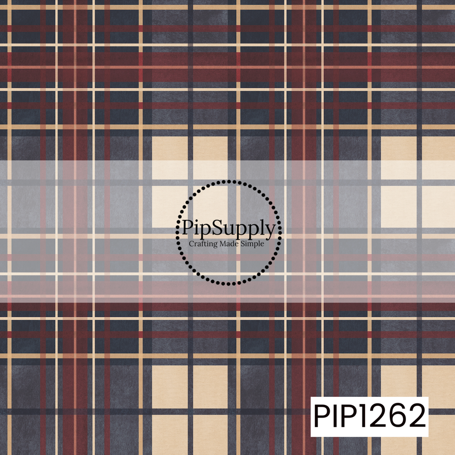 A rich, vintage-inspired tartan plaid featuring deep navy blue, burgundy red, warm tan, cream, and smoky gray. Bold blocks of color are layered with thin intersecting stripes for a classic woven plaid look. A subtle distressed texture throughout gives the design a soft, cozy feel with plenty of depth and a slightly rustic finish.
