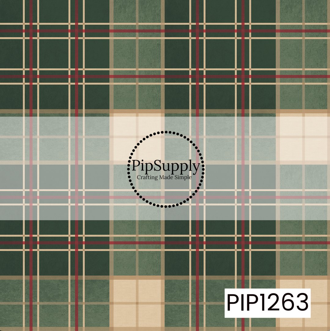 A timeless holiday tartan plaid featuring deep forest green, muted sage, warm ivory, and touches of classic Christmas red. Large color blocks are layered with thin cream and red intersecting lines, giving the pattern plenty of dimension while keeping a clean, traditional look. A soft, slightly weathered texture adds a cozy vintage feel throughout.
