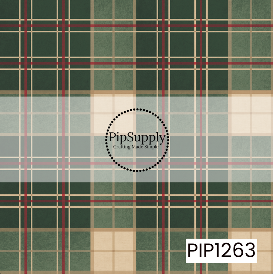 A timeless holiday tartan plaid featuring deep forest green, muted sage, warm ivory, and touches of classic Christmas red. Large color blocks are layered with thin cream and red intersecting lines, giving the pattern plenty of dimension while keeping a clean, traditional look. A soft, slightly weathered texture adds a cozy vintage feel throughout.
