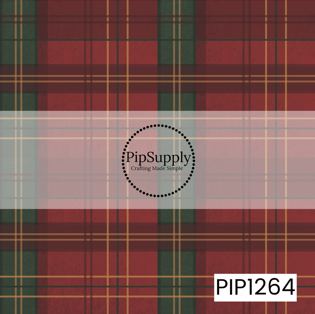 A rich traditional tartan plaid featuring deep cranberry red, forest green, warm gold, and dark burgundy tones. Oversized blocks of red and green are layered with thin golden stripes and darker intersecting lines for a classic, dimensional plaid look. A subtle vintage texture adds warmth and gives the pattern a cozy, timeless Christmas feel.
