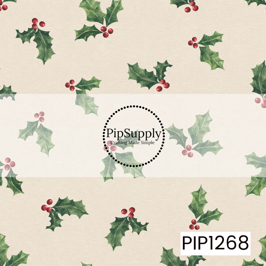 A classic watercolor Christmas holly pattern featuring scattered deep green holly leaves and bright red berries on a warm cream, lightly textured background. The simple spacing and traditional holiday colors give it a soft, vintage-inspired feel.
