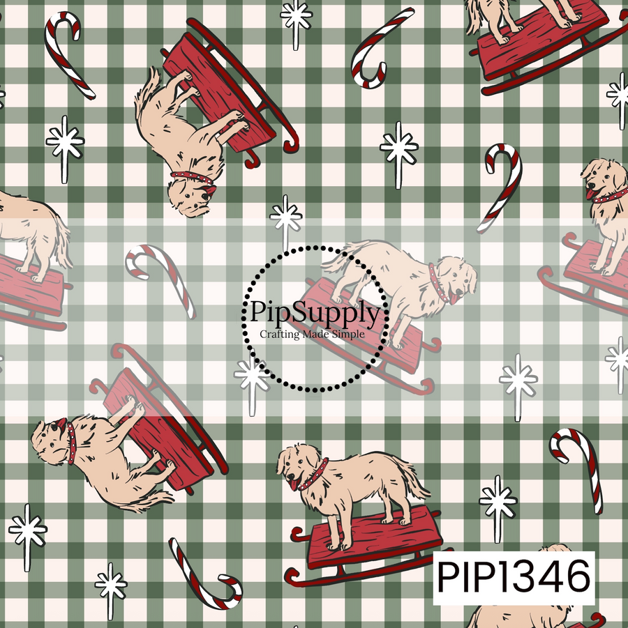 A playful Christmas seamless pattern featuring adorable golden retrievers riding bright red wooden sleds, wearing festive red collars. Scattered throughout are red and white striped candy canes and whimsical hand-drawn snowflakes. Set against a classic sage green and ivory gingham plaid background, this design combines vintage-inspired illustrations with cozy holiday colors for a fun and festive winter look.