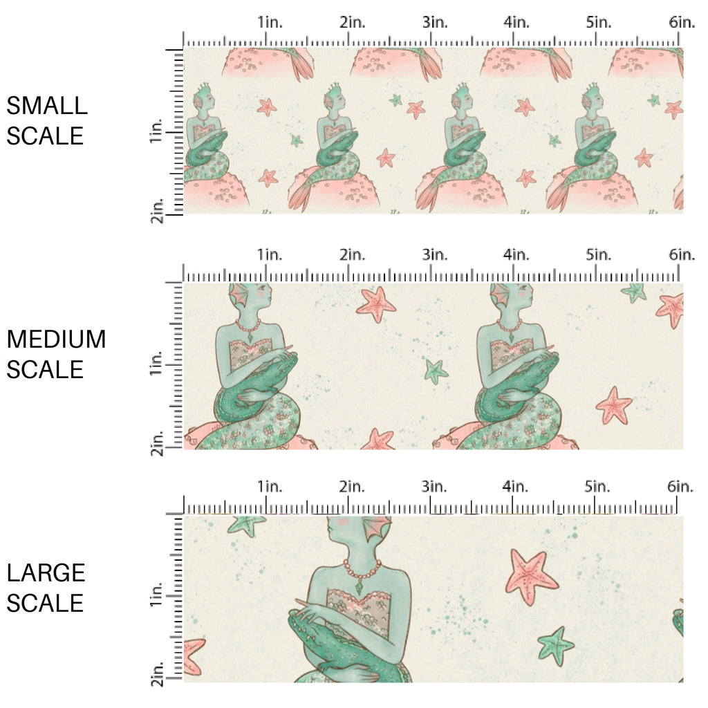 This scale chart of small scale, medium scale, and large scale of this tropical fabric by the yard features mermaids and beach treasure. This fun themed fabric can be used for all your sewing and crafting needs!