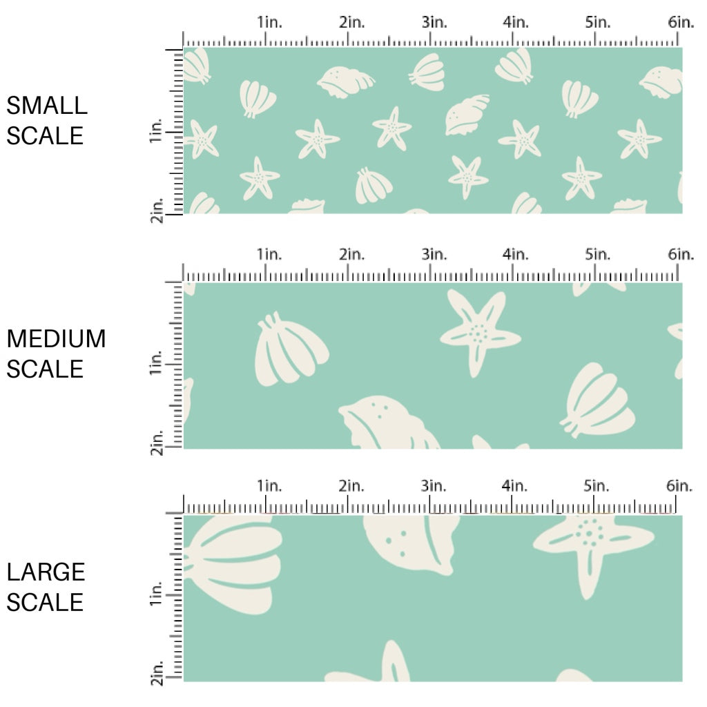 This scale chart of small scale, medium scale, and large scale of this beach fabric by the yard features seashells on light green. This fun themed fabric can be used for all your sewing and crafting needs!
