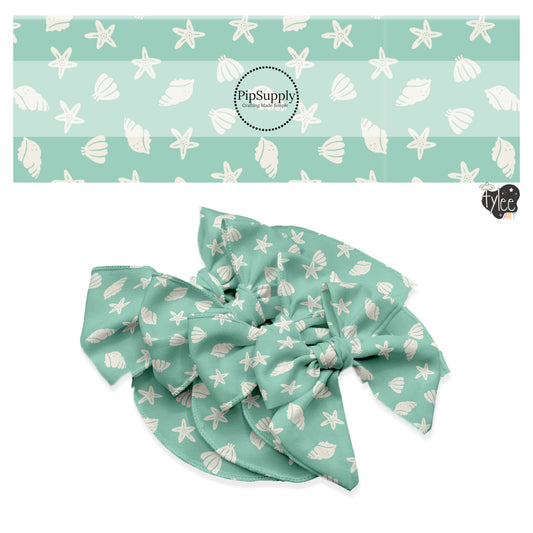 These beach themed no sew bow strips can be easily tied and attached to a clip for a finished hair bow. These patterned bow strips are great for personal use or to sell. These bow strips feature seashells on light green.