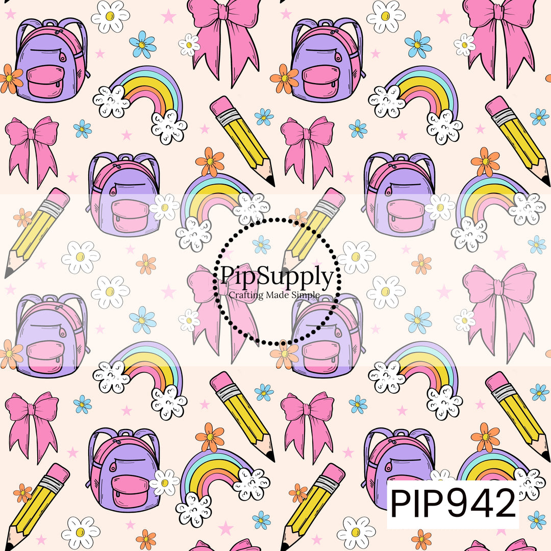 Playful school-themed pattern featuring pastel backpacks, pencils, rainbows, pink bows, daisies, and colorful flowers scattered across a soft cream background. Tiny pink stars add a whimsical touch, creating a cheerful seamless design perfect for back-to-school projects.
