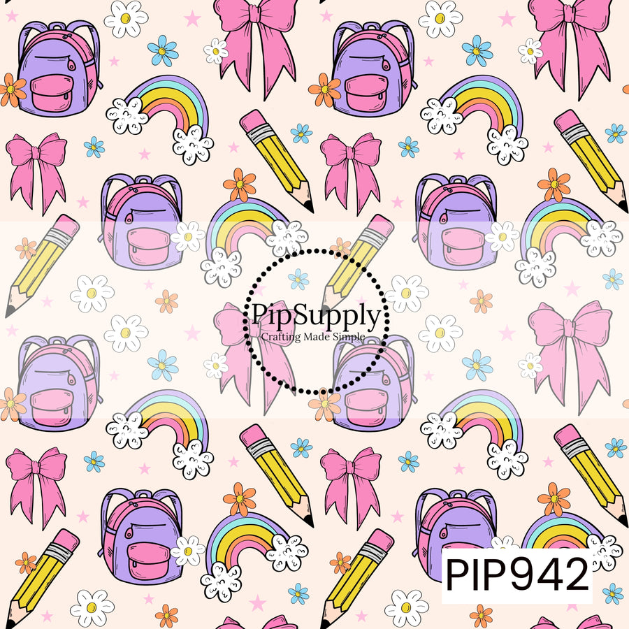Playful school-themed pattern featuring pastel backpacks, pencils, rainbows, pink bows, daisies, and colorful flowers scattered across a soft cream background. Tiny pink stars add a whimsical touch, creating a cheerful seamless design perfect for back-to-school projects.

