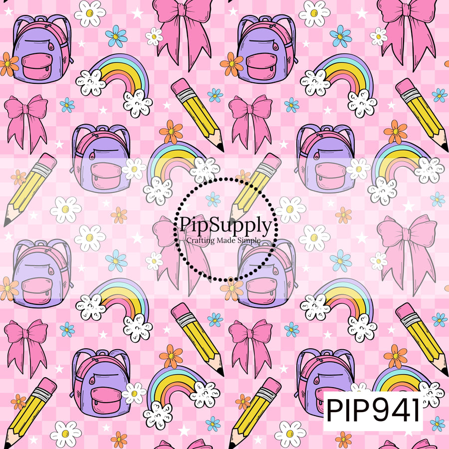 Playful school-themed pattern featuring pastel backpacks, pencils, rainbows, hair bows, daisies, and colorful flowers scattered across a soft pink checkerboard background. Small white stars add a whimsical touch, creating a cheerful seamless design perfect for back-to-school projects.
