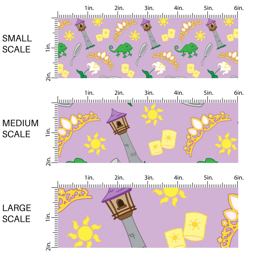 Purple fabric by the yard scaled image guide with tiaras, lanterns, skillets, and chameleons.