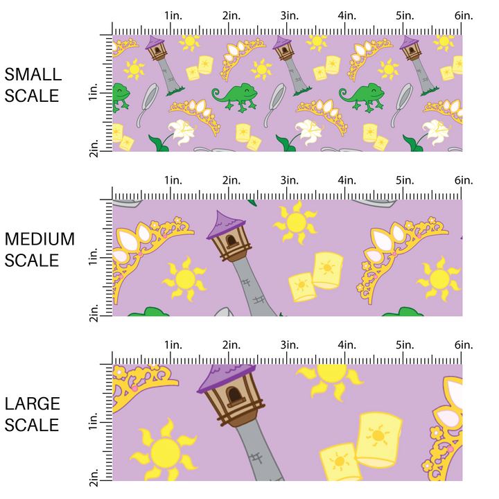 Purple fabric by the yard scaled image guide with tiaras, lanterns, skillets, and chameleons.