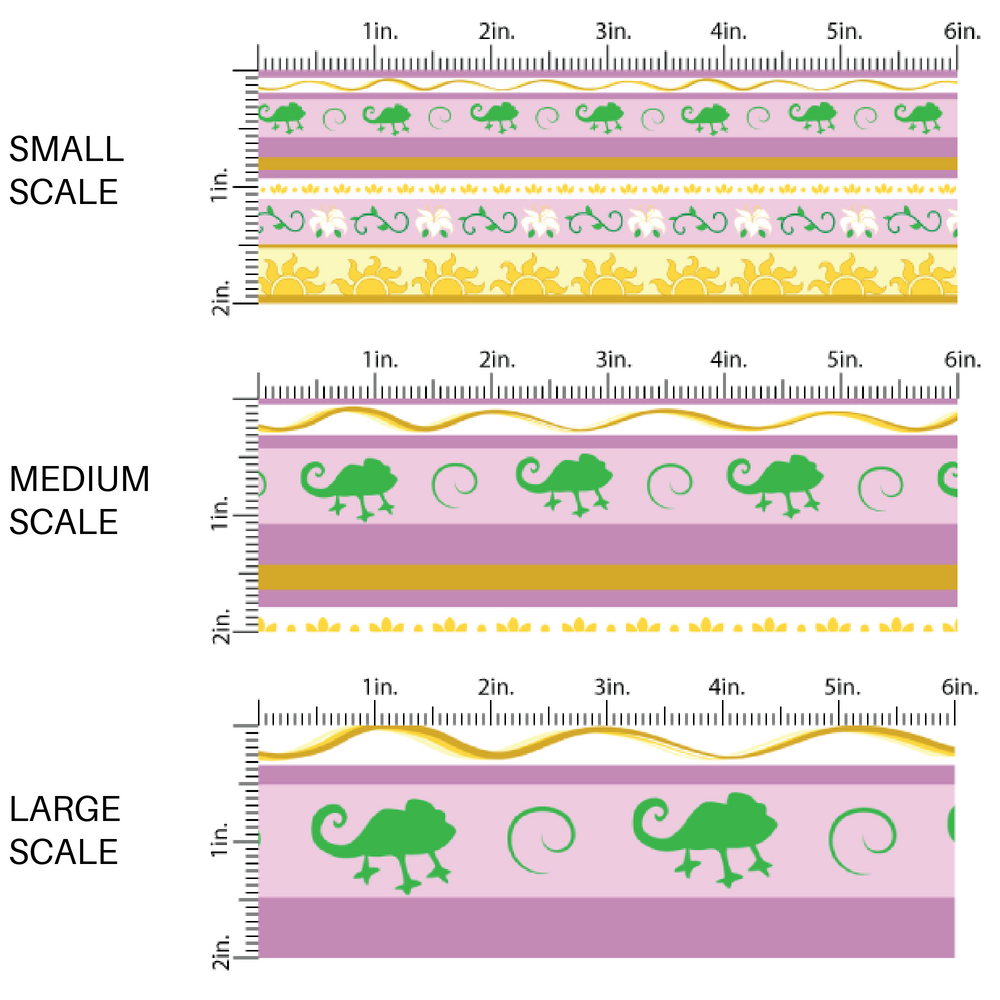 Purple and gold princess striped fabric by the yard scaled image guide with lanterns, chameleons, and suns.