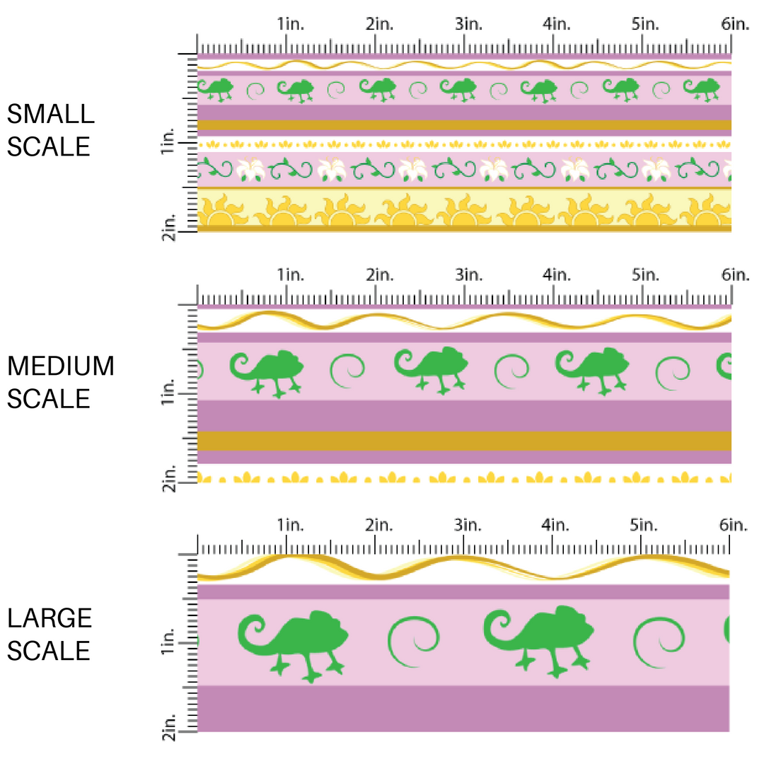 Purple and gold princess striped fabric by the yard scaled image guide with lanterns, chameleons, and suns.