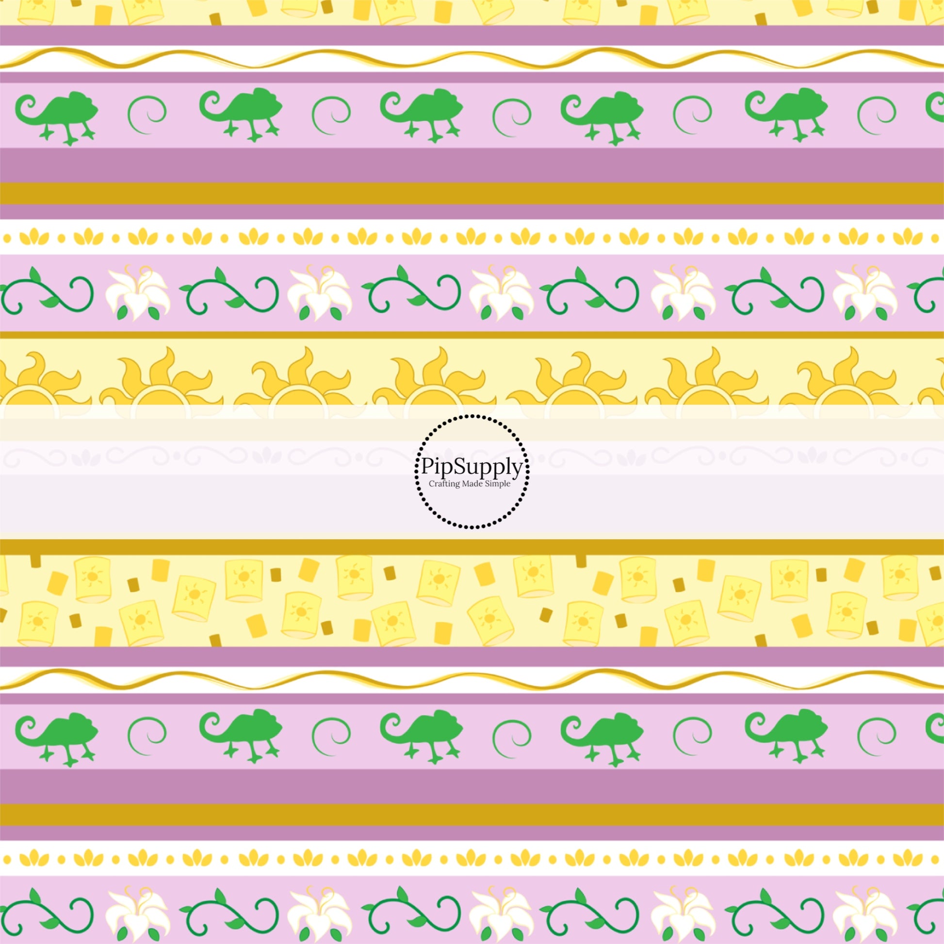 Purple and gold princess striped fabric by the yard with lanterns, chameleons, and suns.