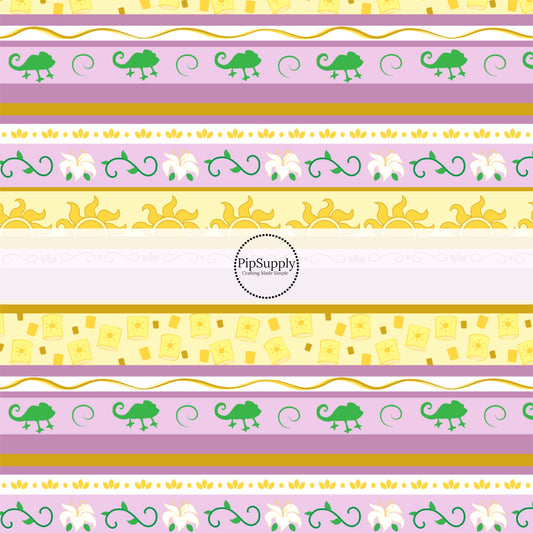 Purple and gold princess striped fabric by the yard with lanterns, chameleons, and suns.