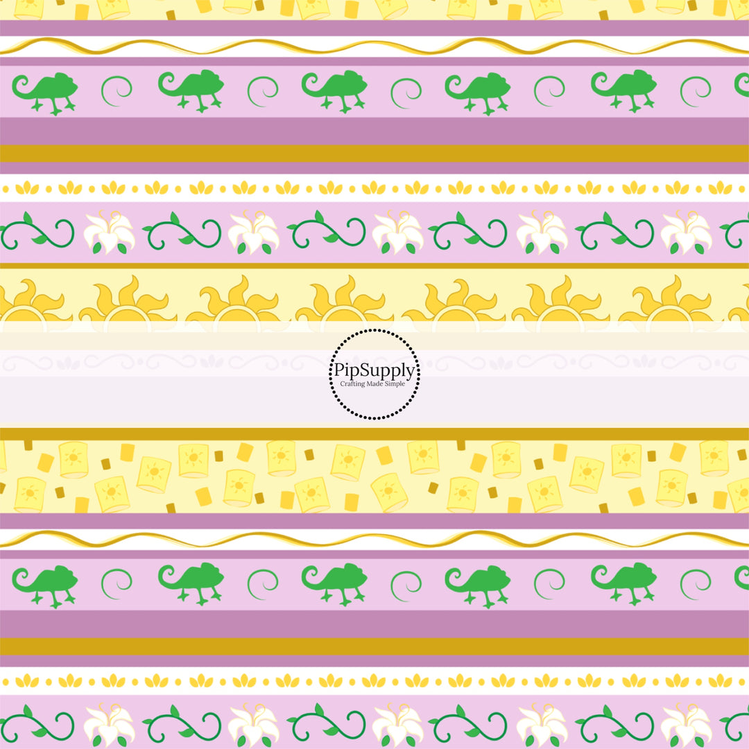 Purple and gold princess striped fabric by the yard with lanterns, chameleons, and suns.