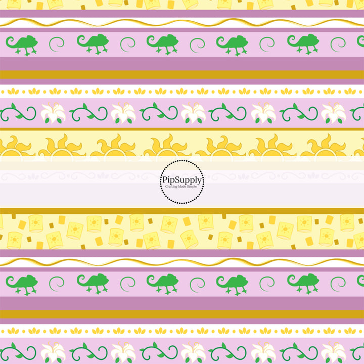 Purple and gold princess striped fabric by the yard with lanterns, chameleons, and suns.