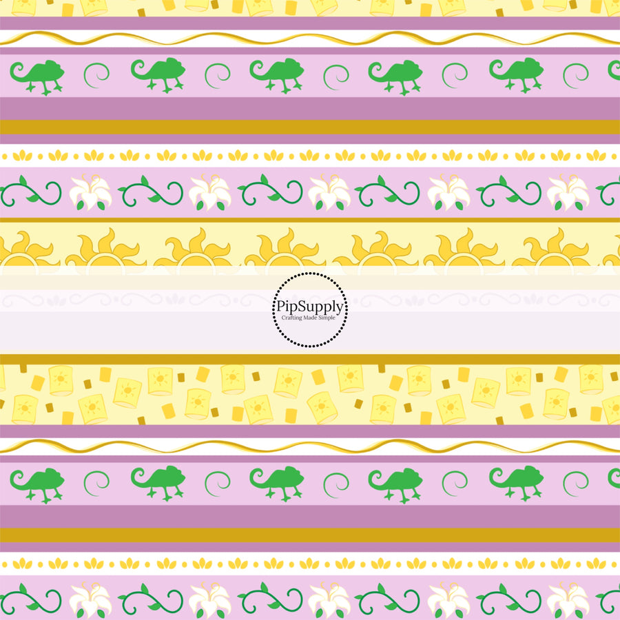 Purple and gold princess striped fabric by the yard with lanterns, chameleons, and suns.