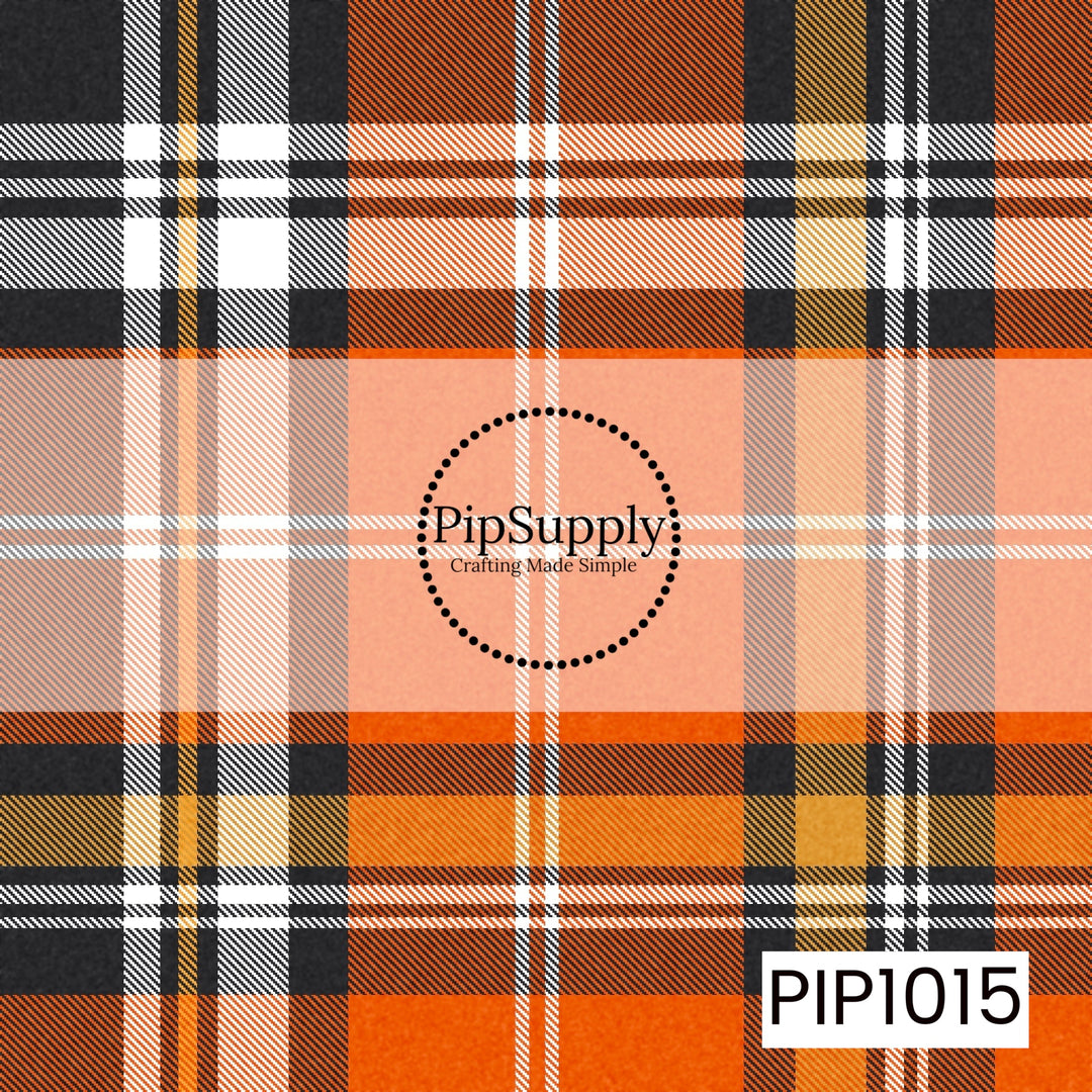 A cozy Halloween plaid featuring rich shades of orange, black, peach, cream, and golden tan in a classic tartan pattern. The warm, muted colors give it a vintage fall feel, making it a perfect coordinating print for Halloween and autumn-inspired designs.
