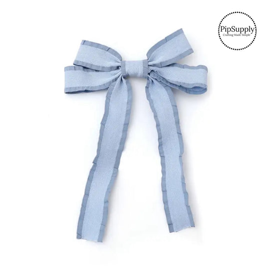 Theses shimmer woven ruffled long tail hair bows are ready to package and resell to your customers no sewing or measuring necessary! These come pre-tied with an attached alligator clip. The delicate bow is perfect for all hair styles for kids and adults.
