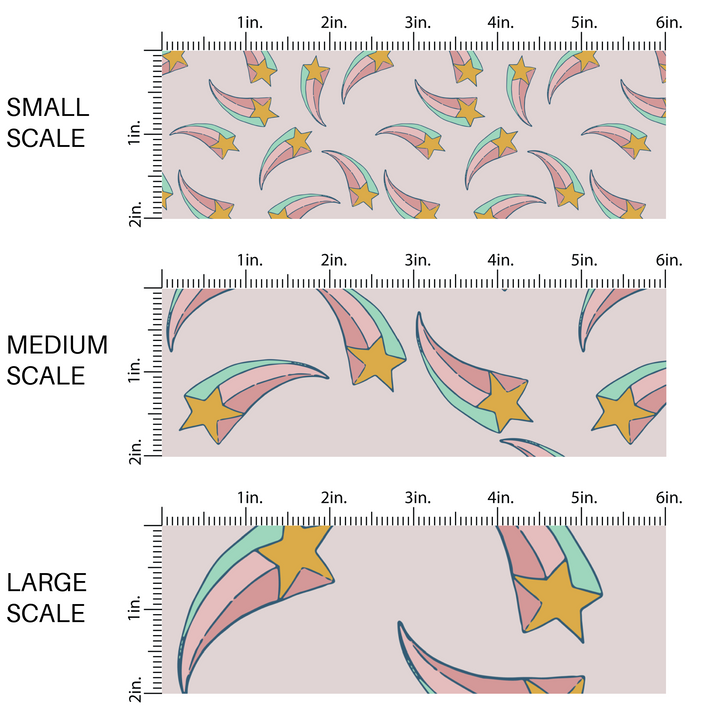 Gray fabric by the yard scaled image guide with pink, blue, and gold shooting stars.